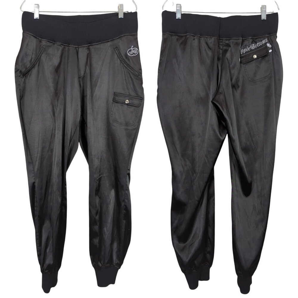 Apple Bottoms Black Womens Satin Jogger XL Pants Shiny Track Lounge Streetwear